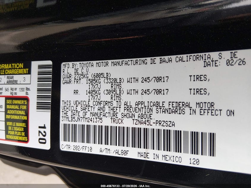 2026 Toyota Tacoma Sr5 VIN: 3TMLB5JN7TM241375 Lot: 45676133