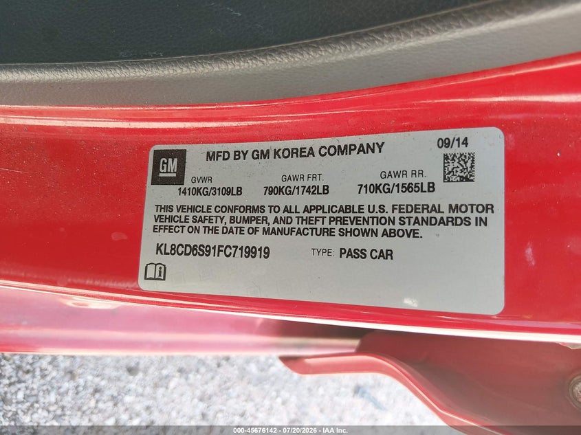 2015 Chevrolet Spark 1Lt Cvt VIN: KL8CD6S91FC719919 Lot: 45676142