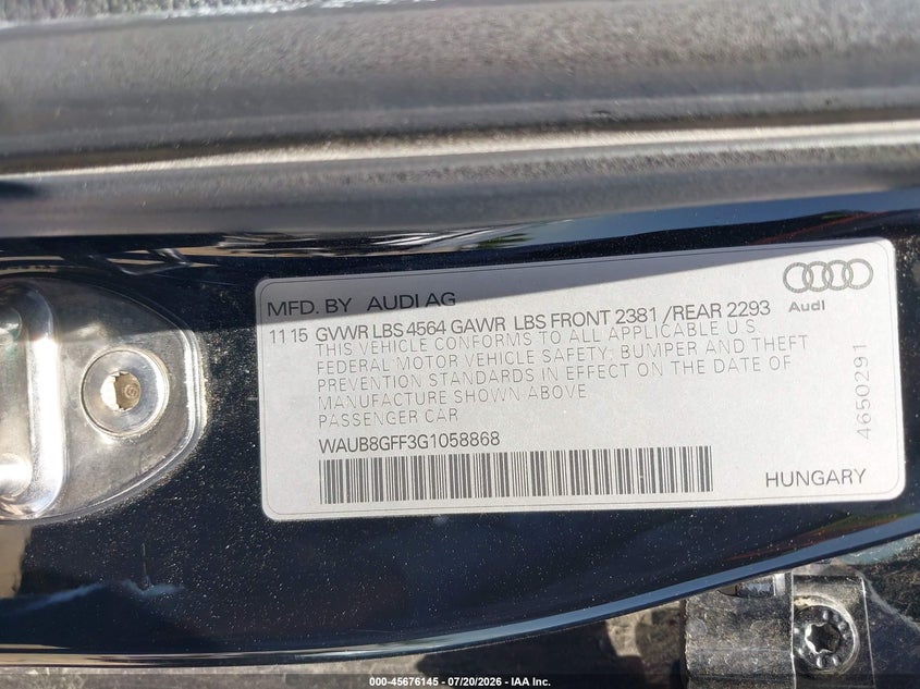 2016 Audi A3 2.0T Premium VIN: WAUB8GFF3G1058868 Lot: 45676145
