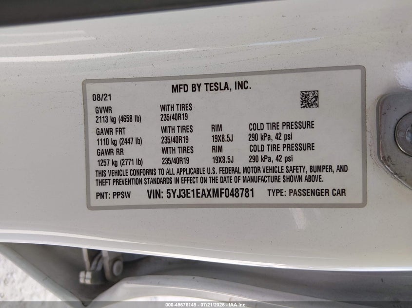 2021 Tesla Model 3 Standard Range Plus Rear-Wheel Drive VIN: 5YJ3E1EAXMF048781 Lot: 45676149