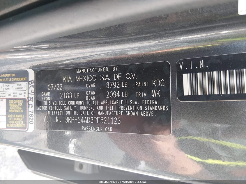 2023 Kia Forte Gt-Line VIN: 3KPF54AD3PE521123 Lot: 45676179