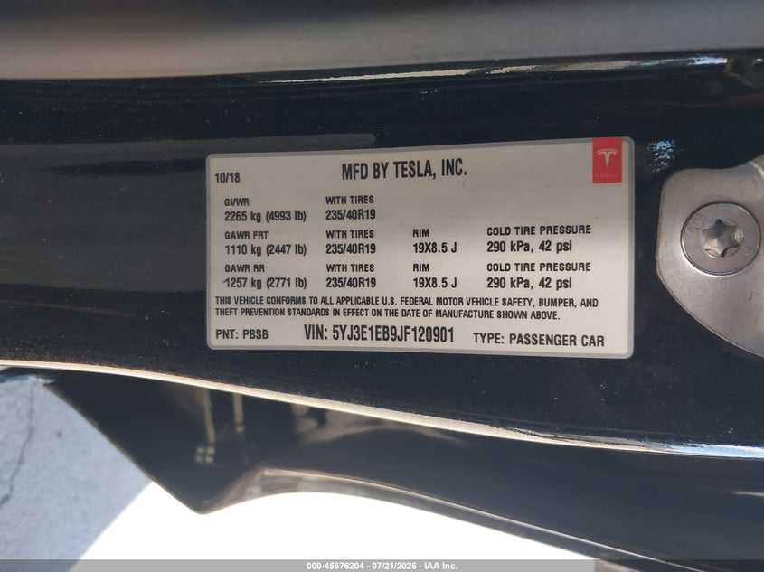 2018 Tesla Model 3 Long Range/Performance VIN: 5YJ3E1EB9JF120901 Lot: 45676204
