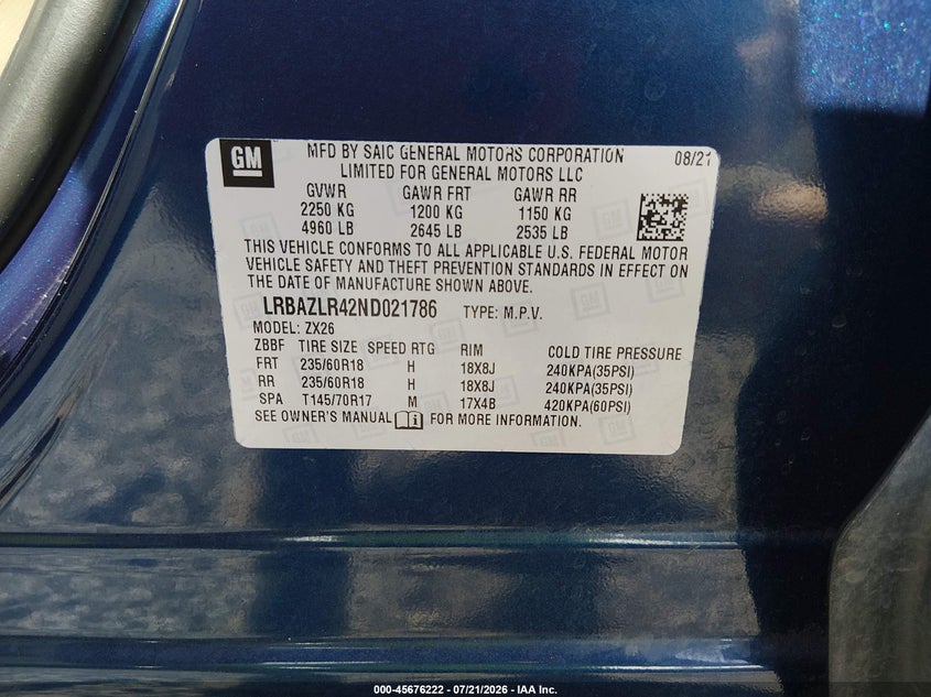2022 Buick Envision Fwd Preferred VIN: LRBAZLR42ND021786 Lot: 45676222