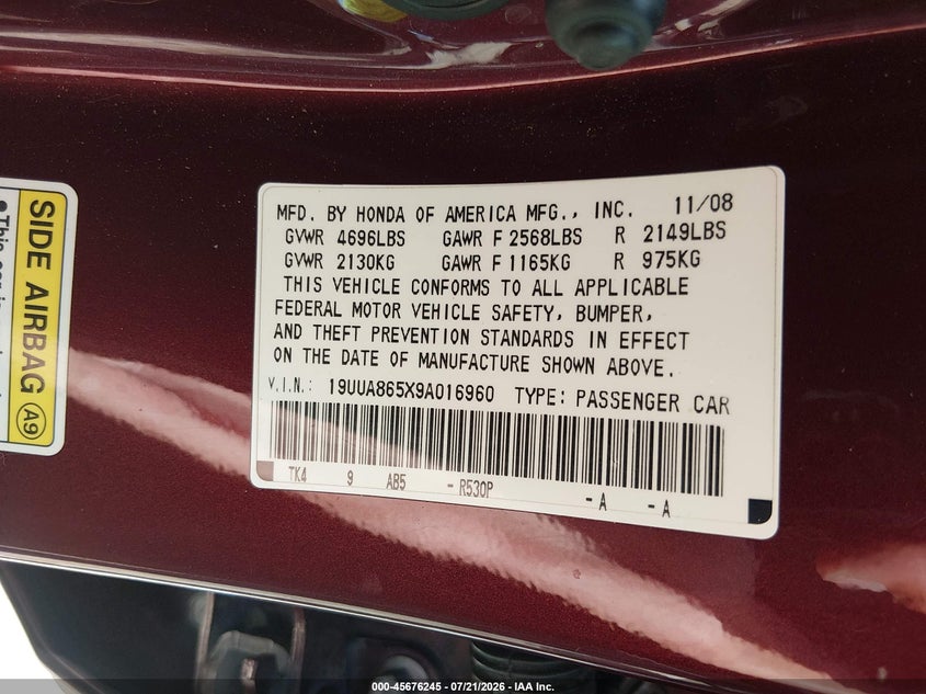 2009 Acura Tl 3.5 VIN: 19UUA865X9A016960 Lot: 45676245