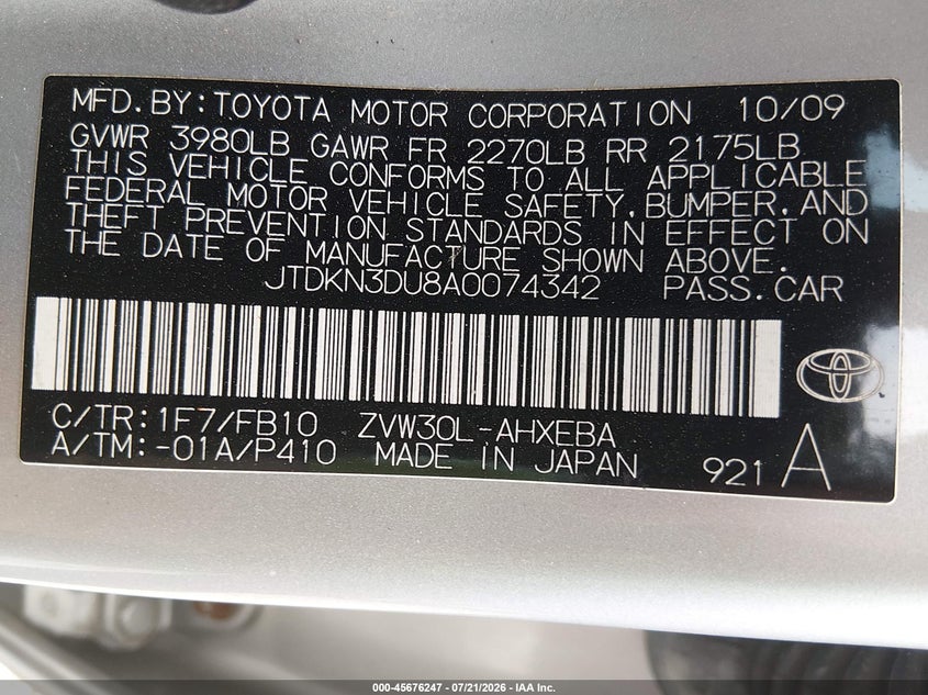 2010 Toyota Prius Ii VIN: JTDKN3DU8A0074342 Lot: 45676247