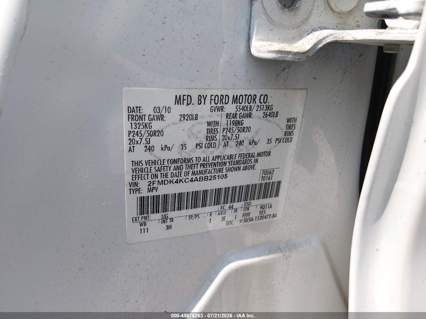 2010 Ford Edge Limited VIN: 2FMDK4KC4ABB25105 Lot: 45676263