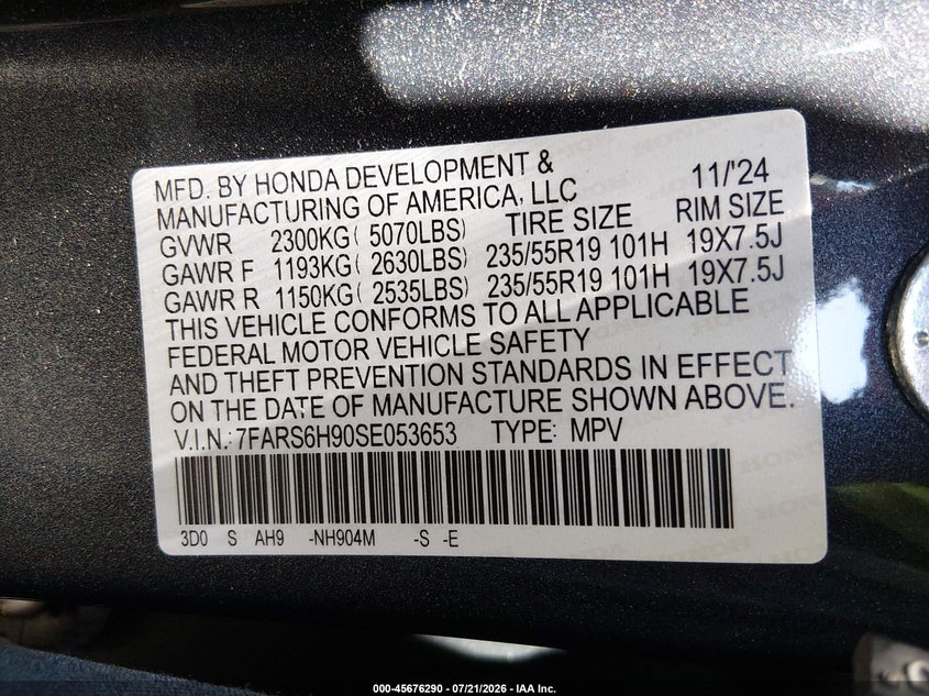 2025 Honda Cr-V Hybrid Sport Touring VIN: 7FARS6H90SE053653 Lot: 45676290