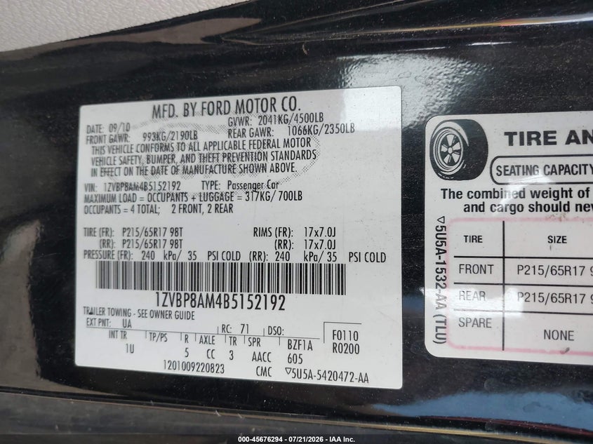 2011 FORD MUSTANG COUPE 3.7L V-6 DOHC, VVT, 305HP