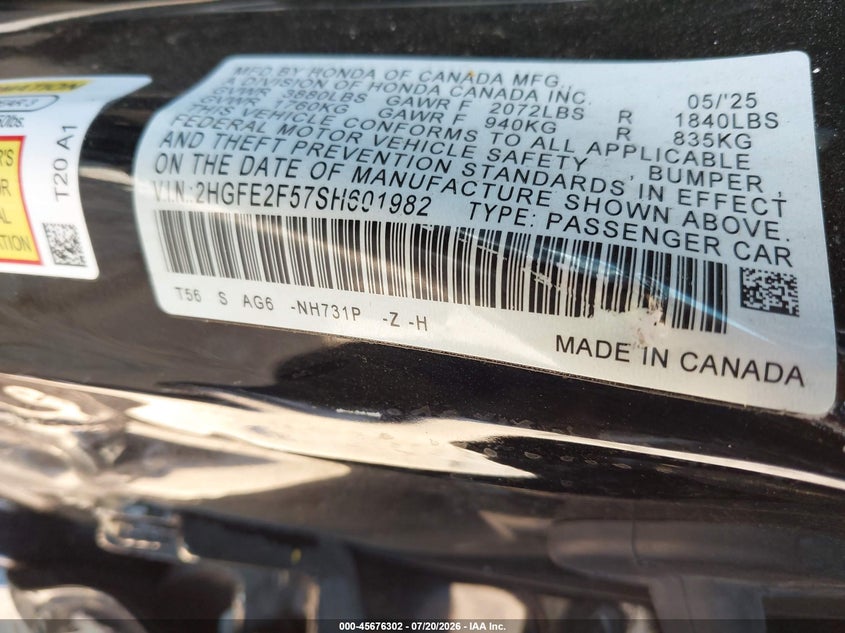 2025 HONDA CIVIC SEDAN 2.0L I-4 DI, DOHC, VVT, 150HP