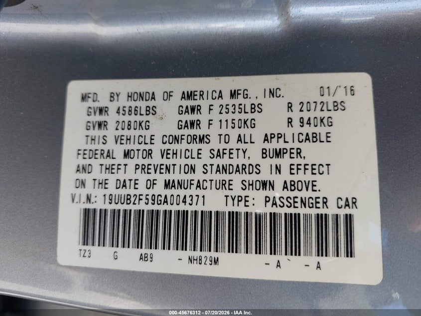 2016 Acura Tlx V6 Tech VIN: 19UUB2F59GA004371 Lot: 45676312