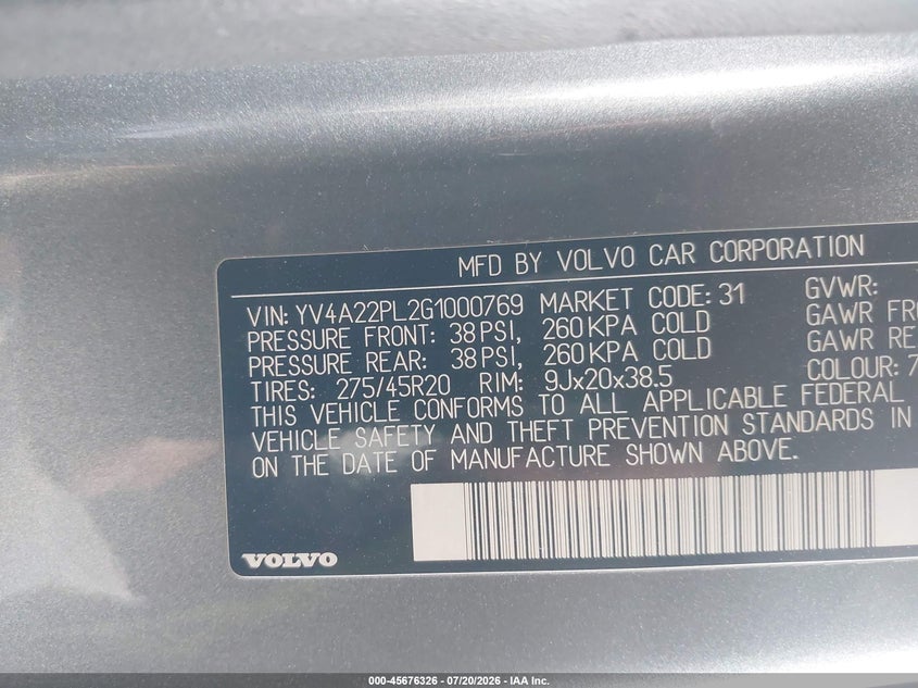 2016 Volvo Xc90 T6 Inscription VIN: YV4A22PL2G1000769 Lot: 45676326