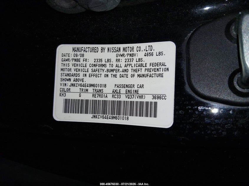 2009 Infiniti G37 Journey VIN: JNKCV64E49M601018 Lot: 45676330