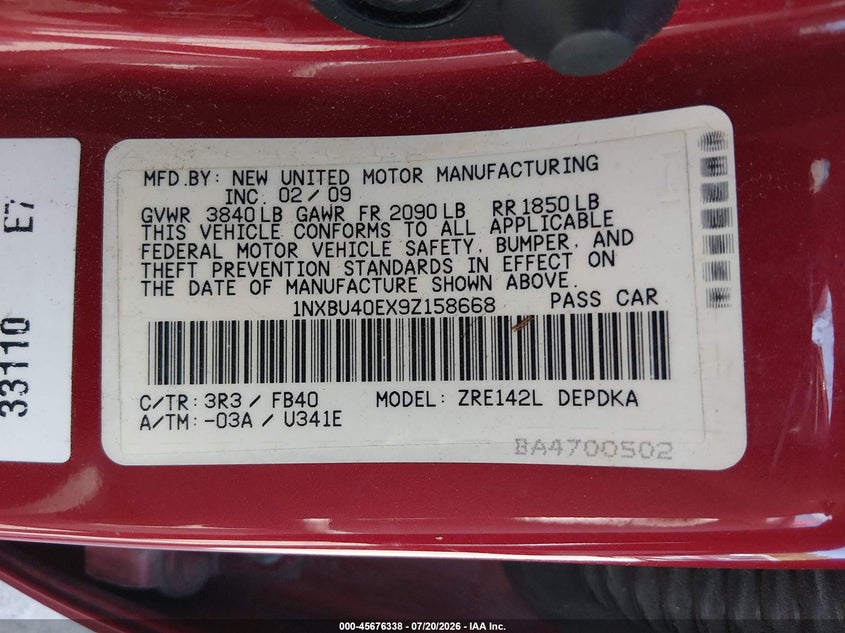 2009 Toyota Corolla Le VIN: 1NXBU40EX9Z158668 Lot: 45676338