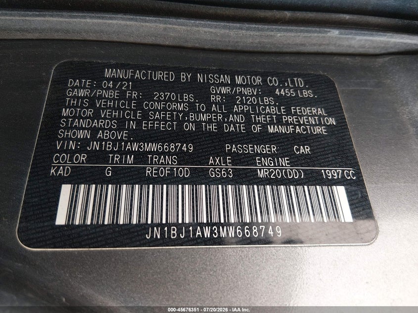 2021 Nissan Rogue Sport S Awd Xtronic Cvt VIN: JN1BJ1AW3MW668749 Lot: 45676351