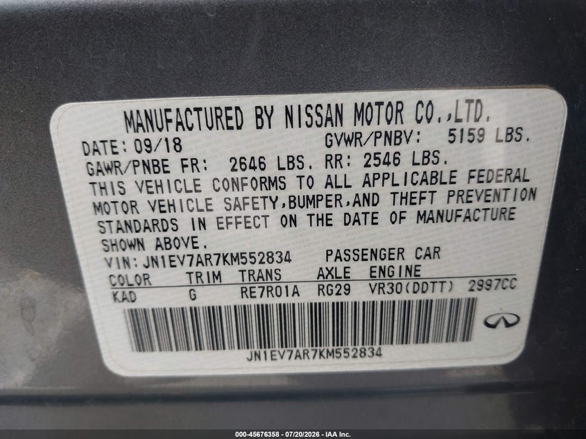 2019 Infiniti Q50 3.0T Luxe VIN: JN1EV7AR7KM552834 Lot: 45676358