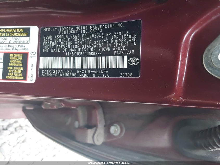 2013 Toyota Avalon Xle Touring VIN: 4T1BK1EB8DU066339 Lot: 45676366