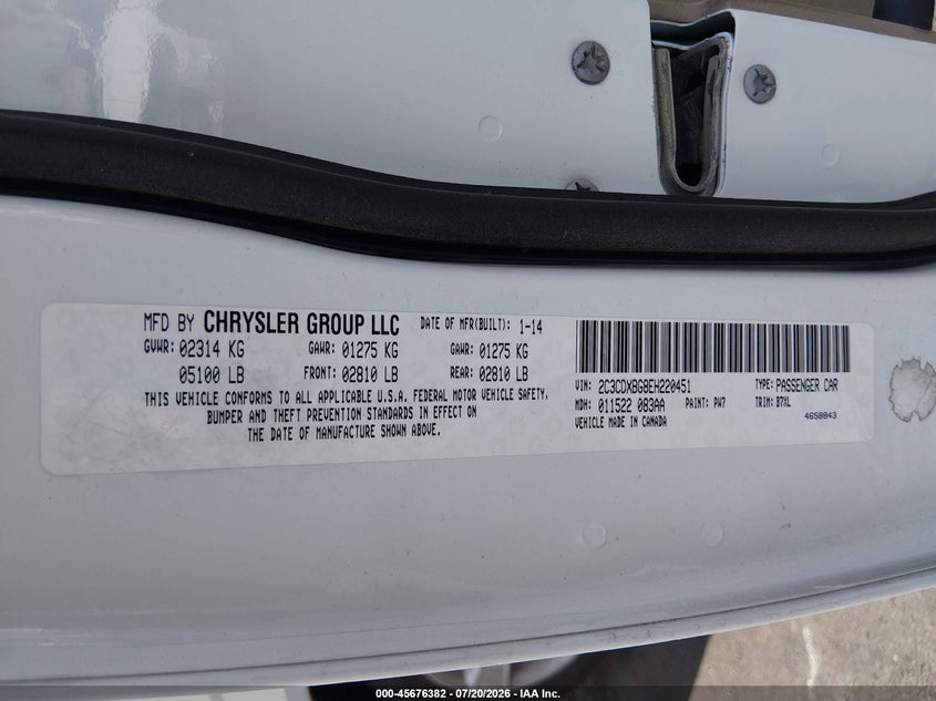 2014 Dodge Charger Se VIN: 2C3CDXBG8EH220451 Lot: 45676382