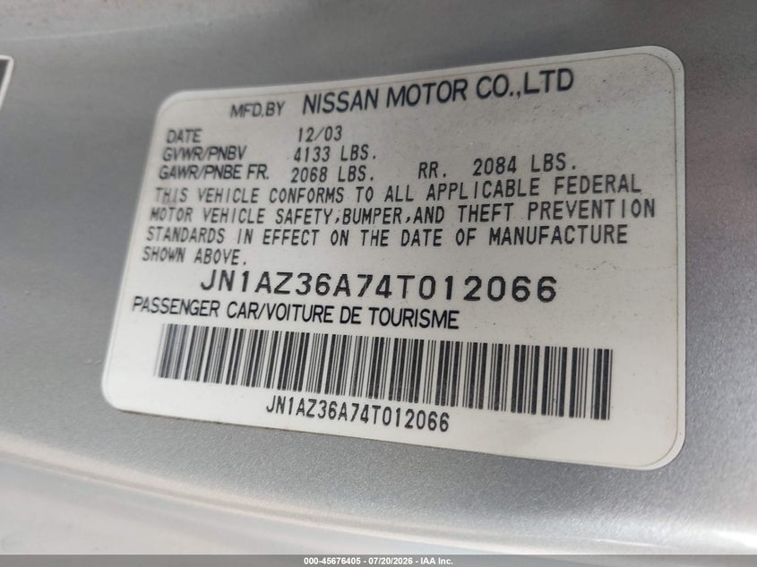2004 Nissan 350Z Touring VIN: JN1AZ36A74T012066 Lot: 45676405