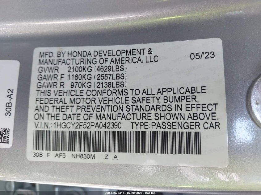 2023 Honda Accord Hybrid Sport VIN: 1HGCY2F52PA042390 Lot: 45676415