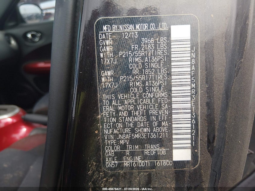 2014 Nissan Juke Sv VIN: JN8AF5MR3ET361211 Lot: 45676421