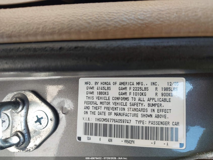 2006 Honda Accord 2.4 Ex VIN: 1HGCM56776A059747 Lot: 45676432