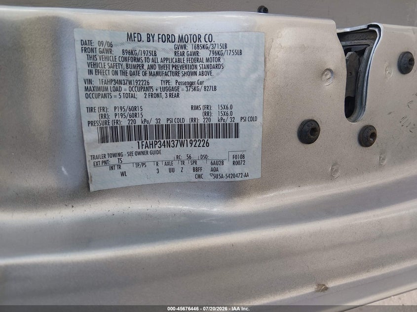 2007 Ford Focus S/Se/Ses VIN: 1FAHP34N37W192226 Lot: 45676446