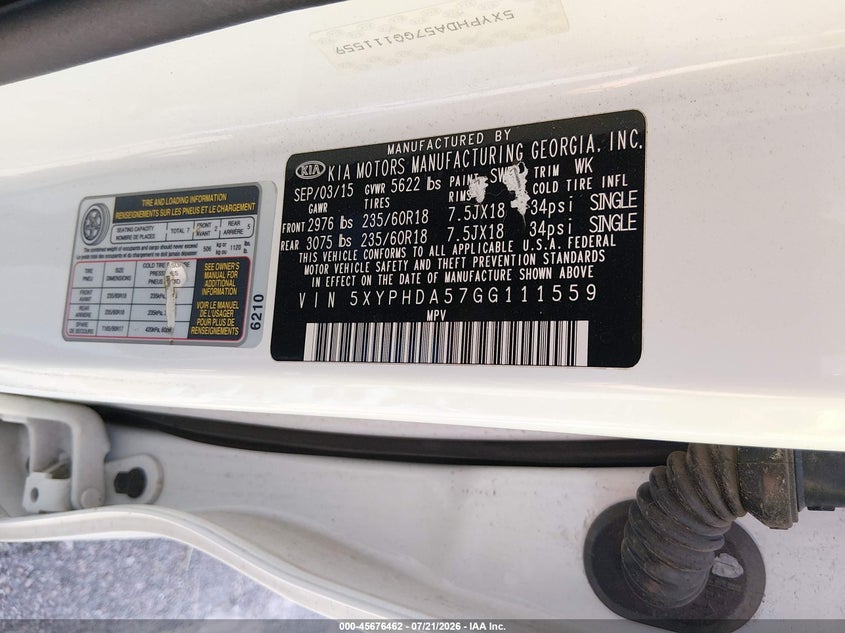 2016 Kia Sorento 3.3L Ex VIN: 5XYPHDA57GG111559 Lot: 45676462
