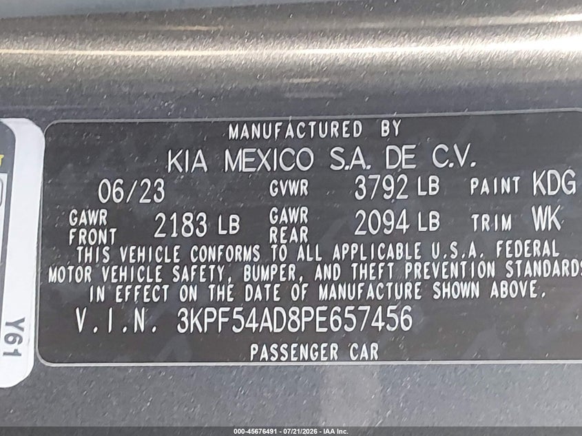 2023 Kia Forte Gt-Line VIN: 3KPF54AD8PE657456 Lot: 45676491