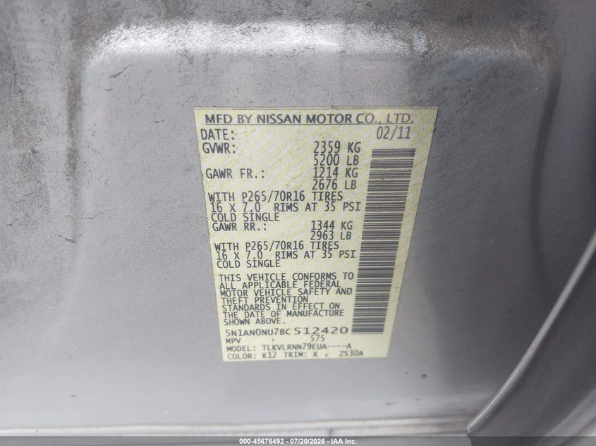 2011 Nissan Xterra S VIN: 5N1AN0NU7BC512420 Lot: 45676492