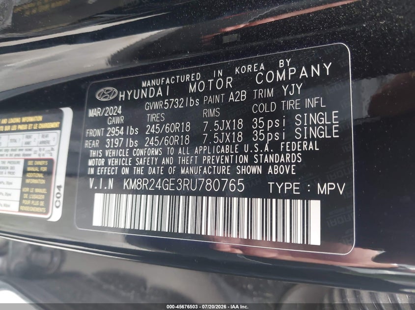 2024 Hyundai Palisade Sel VIN: KM8R24GE3RU780765 Lot: 45676503