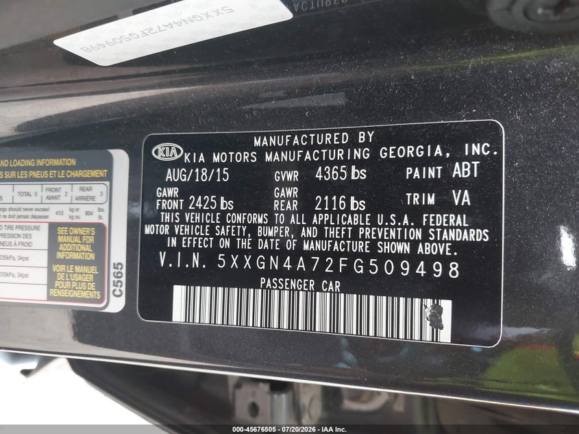 2015 Kia Optima Ex VIN: 5XXGN4A72FG509498 Lot: 45676505