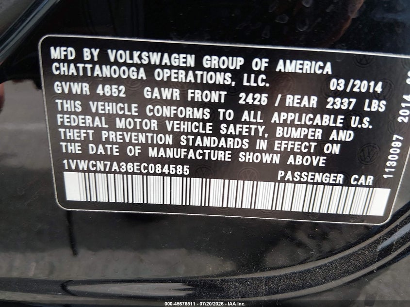 2014 Volkswagen Passat 2.0L Tdi Sel Premium VIN: 1VWCN7A36EC084585 Lot: 45676511