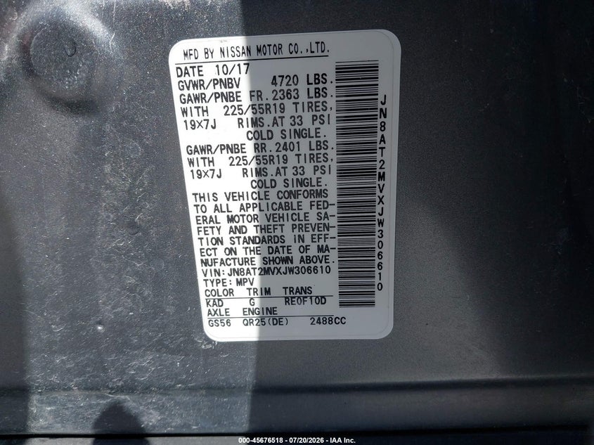 2018 Nissan Rogue Sl VIN: JN8AT2MVXJW306610 Lot: 45676518
