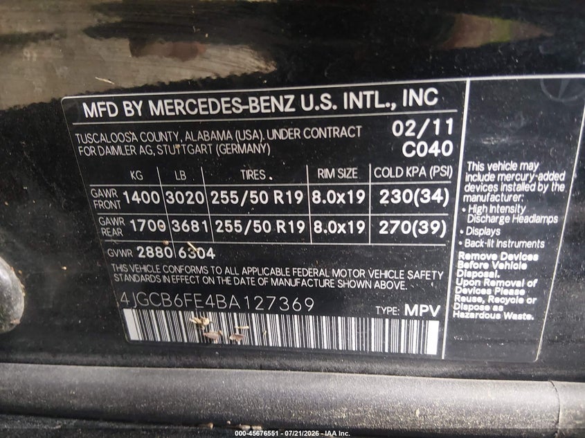 2011 Mercedes-Benz R 350 4Matic VIN: 4JGCB6FE4BA127369 Lot: 45676551
