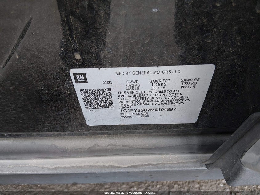 2021 Chevrolet Bolt Ev Fwd Lt VIN: 1G1FY6S07M4104897 Lot: 45676555