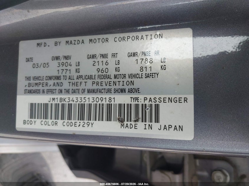 2005 Mazda Mazda3 S VIN: JM1BK343351309181 Lot: 45676606