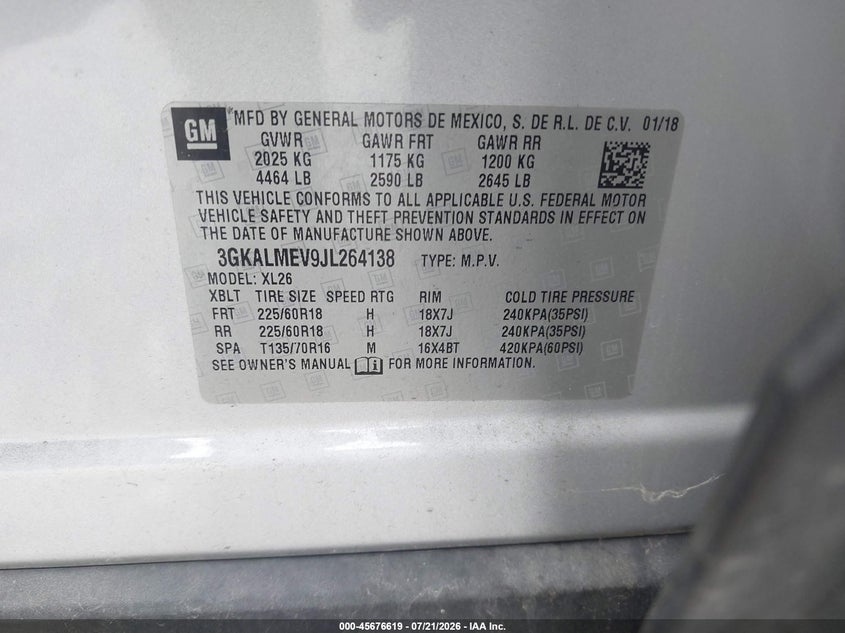 2018 GMC Terrain Sle VIN: 3GKALMEV9JL264138 Lot: 45676619