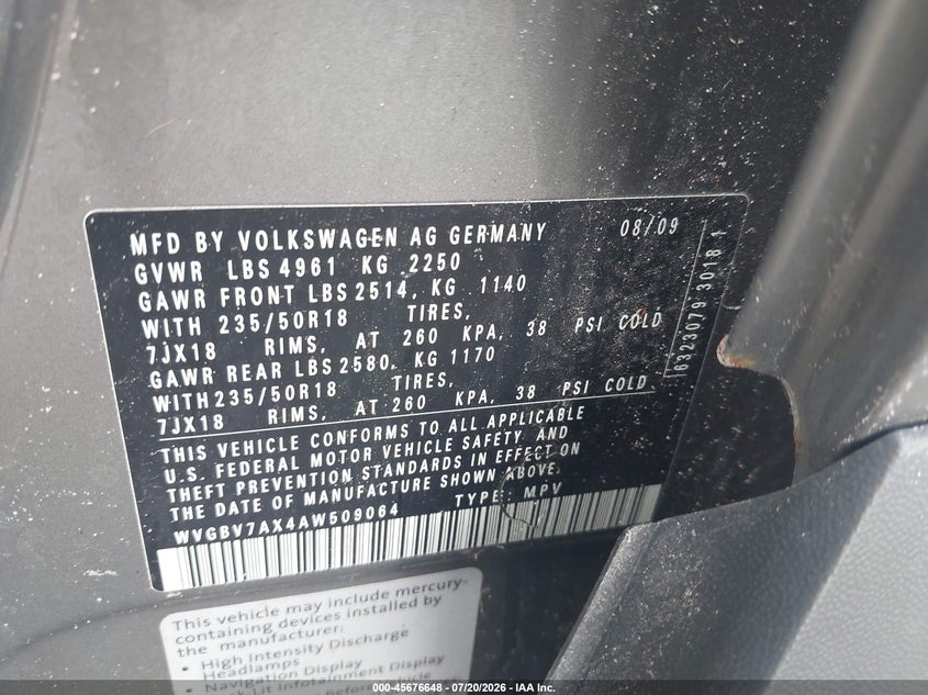 2010 Volkswagen Tiguan Se VIN: WVGBV7AX4AW509064 Lot: 45676648