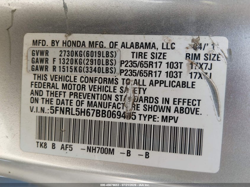 2011 Honda Odyssey Ex-L VIN: 5FNRL5H67BB069485 Lot: 45676653