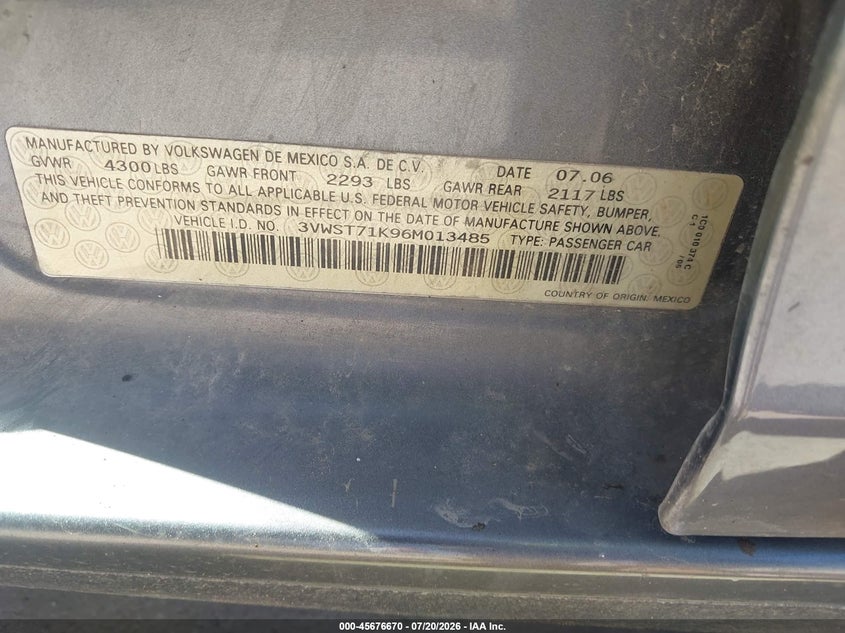 2006 Volkswagen Jetta Tdi VIN: 3VWST71K96M013485 Lot: 45676670