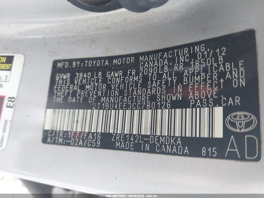 TOYOTA COROLLA 2012 VIN 2T1BU4EE3CC780126