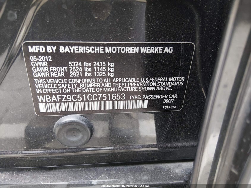 2012 BMW Activehybrid 5 VIN: WBAFZ9C51CC751653 Lot: 45676708