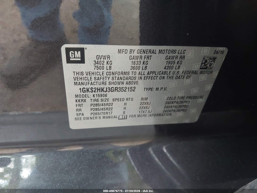2016 GMC Yukon Xl Denali VIN: 1GKS2HKJ3GR352152 Lot: 45676770
