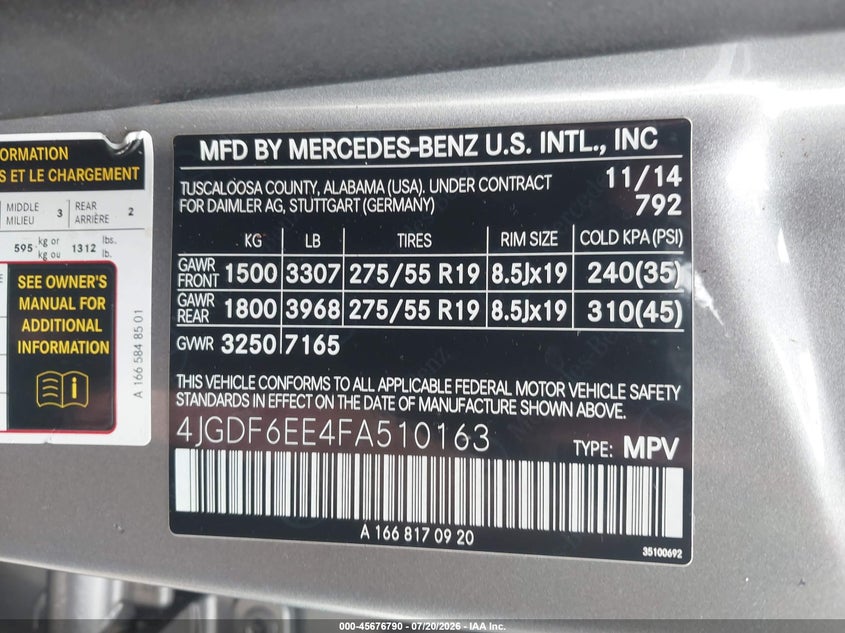 2015 Mercedes-Benz Gl 450 4Matic VIN: 4JGDF6EE4FA510163 Lot: 45676790