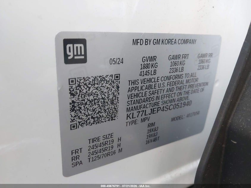 2025 Chevrolet Trax Fwd 2Rs VIN: KL77LJEP4SC051940 Lot: 45676791