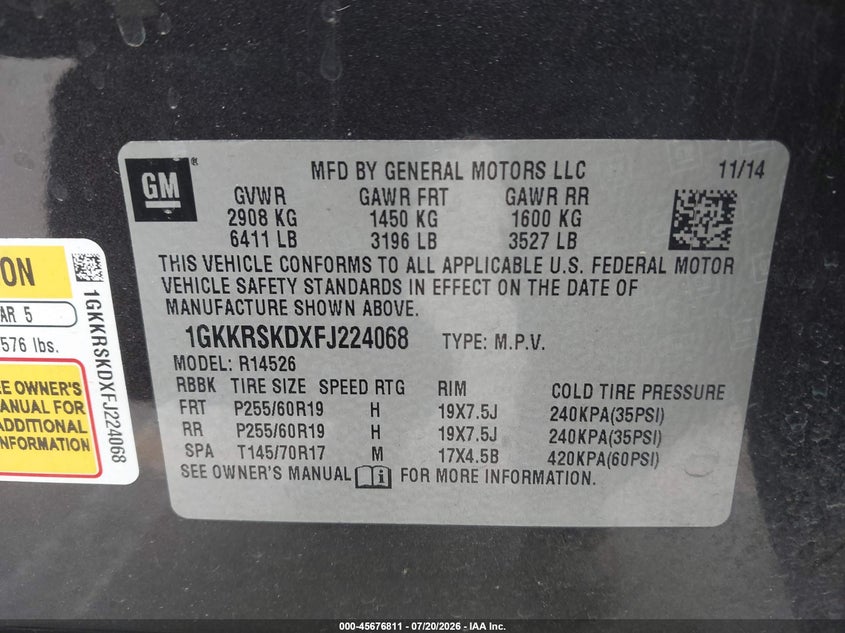 2015 GMC Acadia Slt-2 VIN: 1GKKRSKDXFJ224068 Lot: 45676811