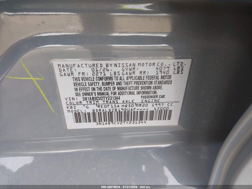 NISSAN SENTRA 2026 VIN 3N1AB9CV2TY231344