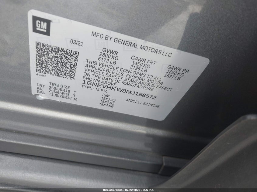 CHEVROLET TRAVERSE 2021 VIN 1GNEVHKW8MJ188572