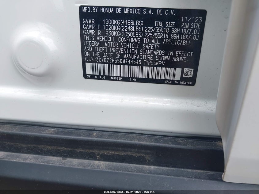 2024 Honda Hr-V Awd Sport/Awd Sport W/O Bsi VIN: 3CZRZ2H55RM744545 Lot: 45676844