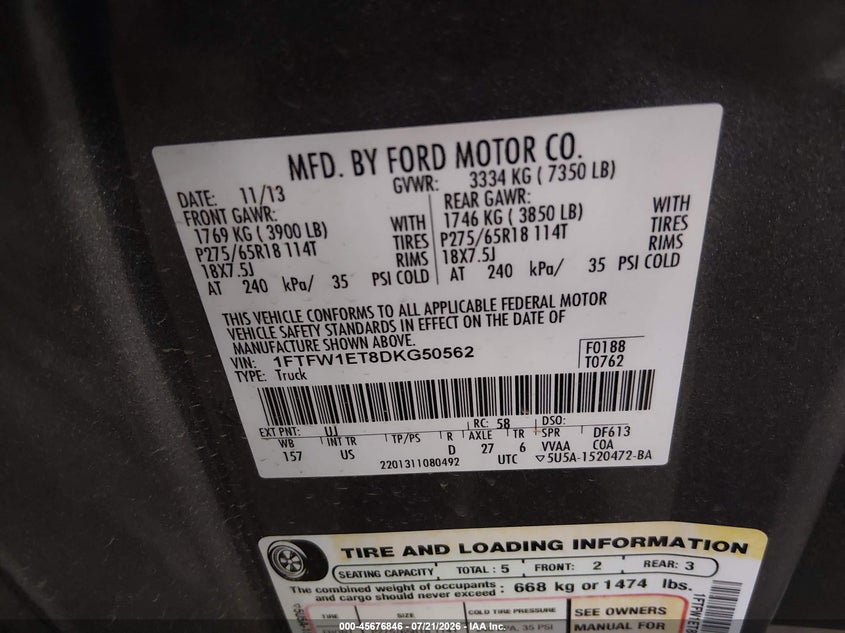 2013 Ford F-150 Xlt VIN: 1FTFW1ET8DKG50562 Lot: 45676846